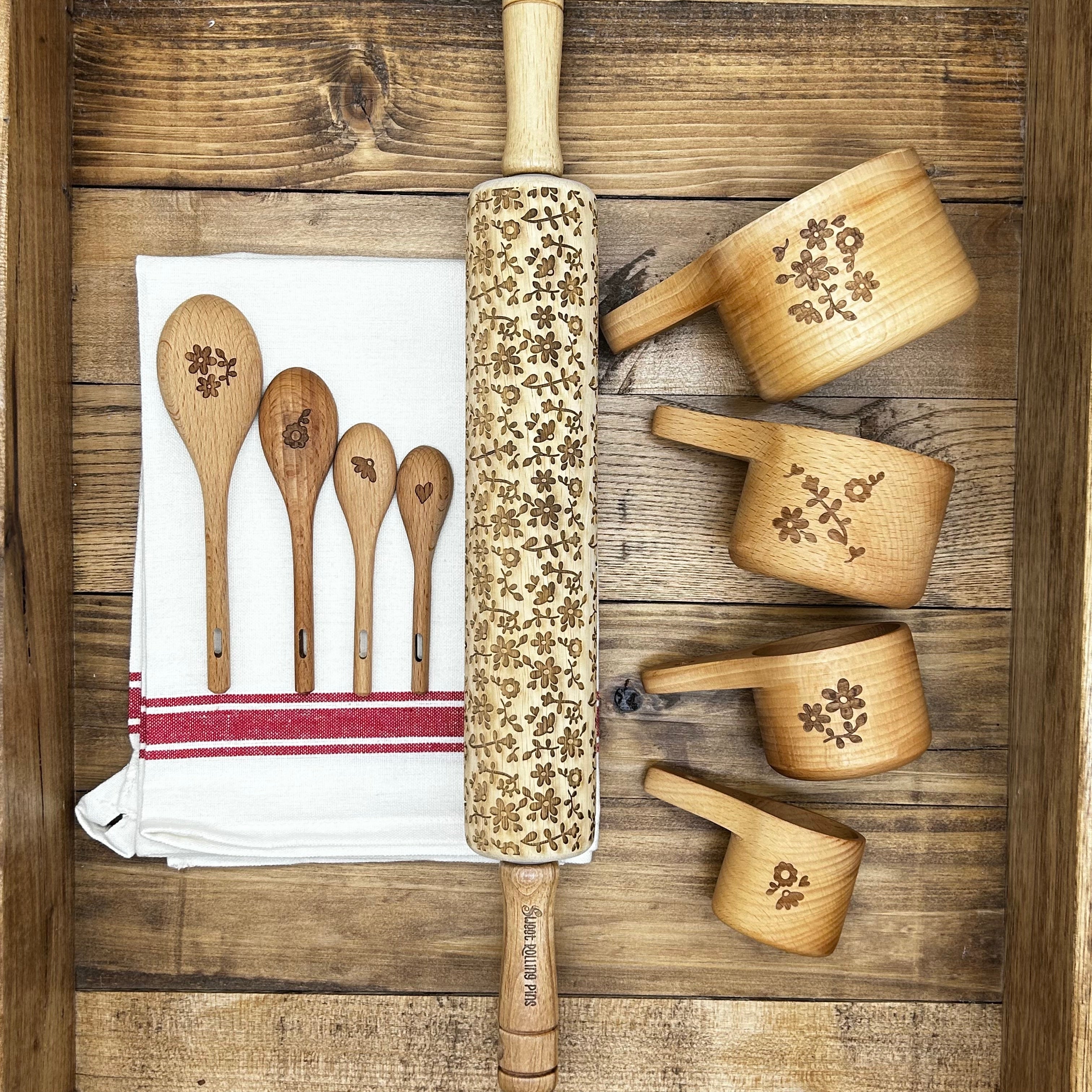 Baking Gift set with engraved rolling pin, engraved measuring cups, spoons, and towel