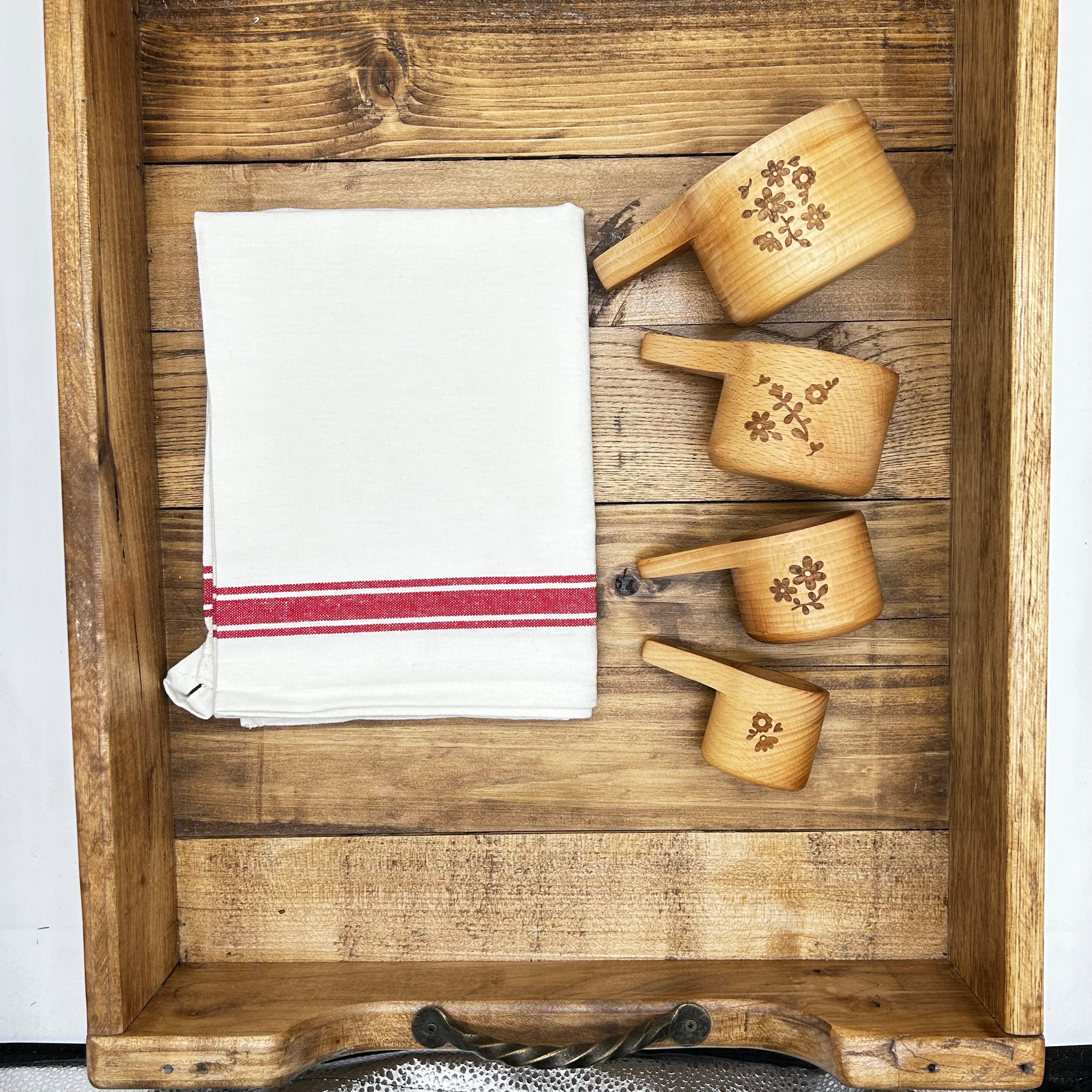 Floral Engraved Beechwood Measuring Cups & Spoons Gift Set (with Cotton Towel + Optional Rolling Pin)
