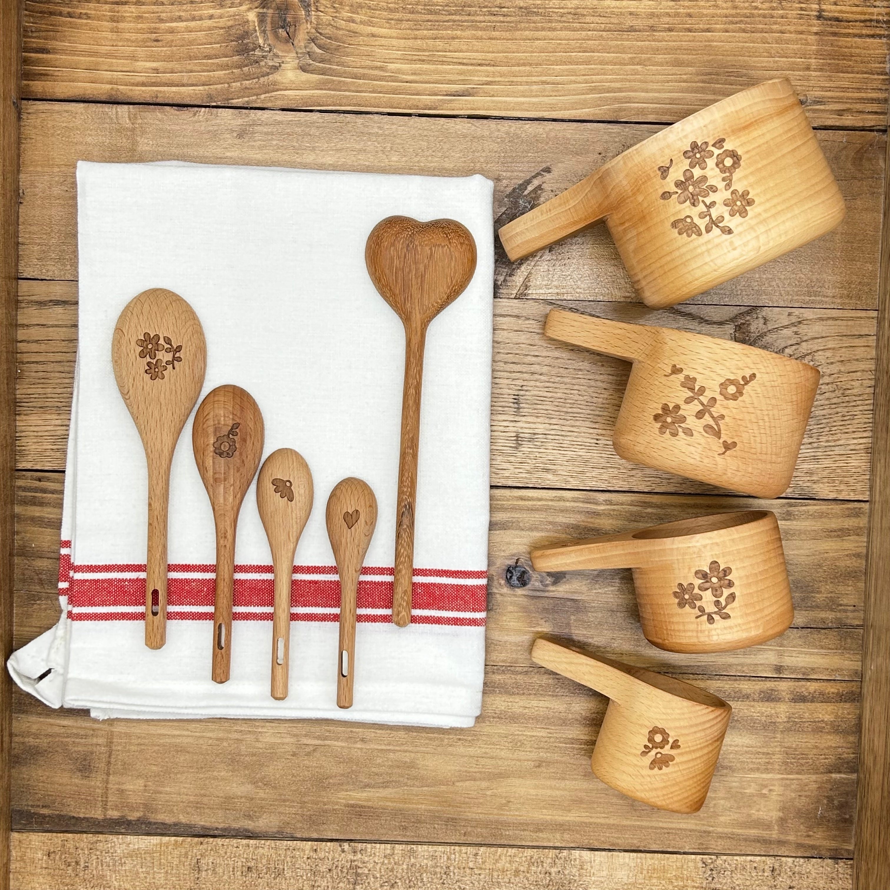 Floral Engraved Beechwood Measuring Cups & Spoons Gift Set (with Cotton Towel + Optional Rolling Pin)