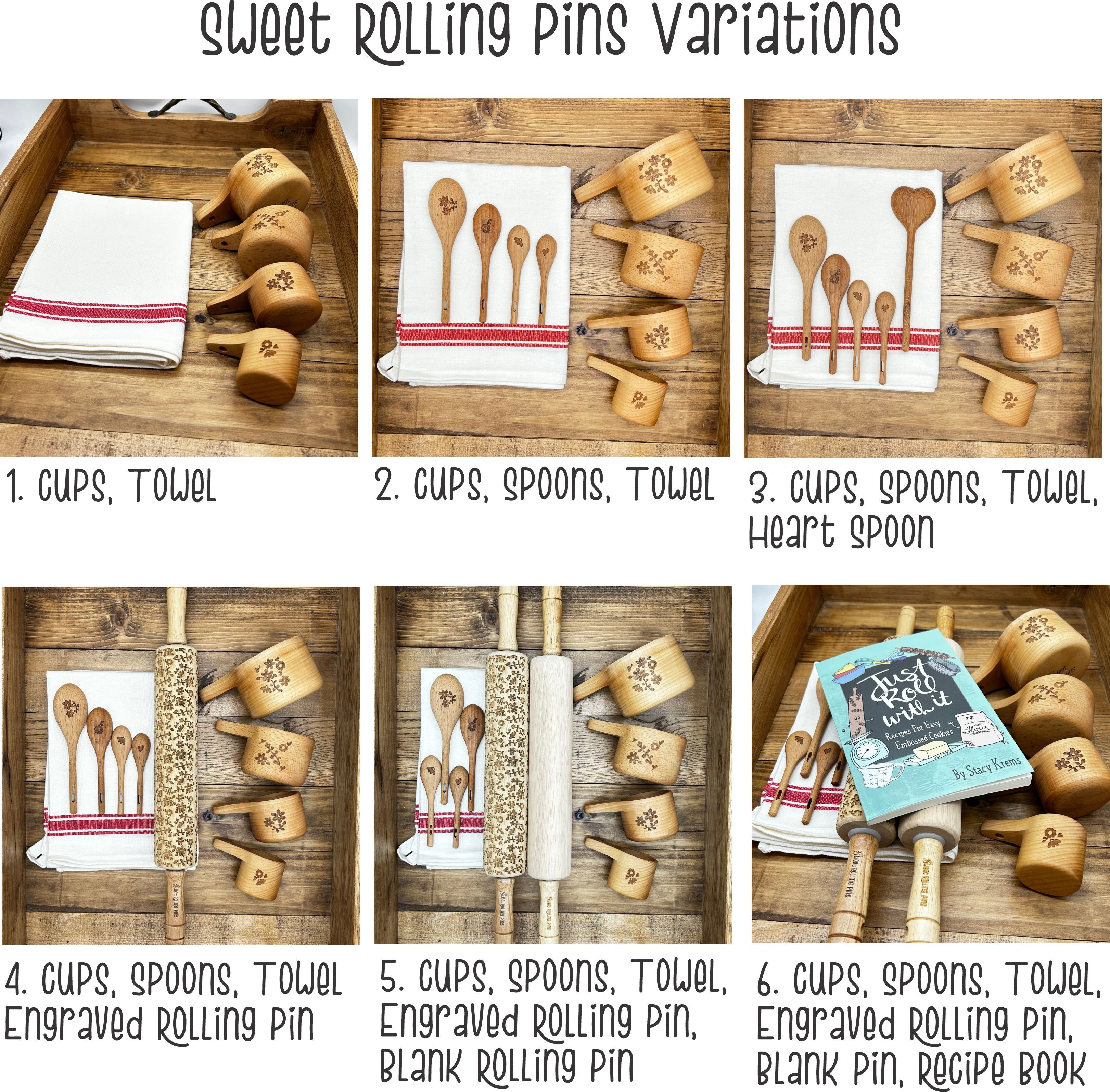 Floral Engraved Beechwood Measuring Cups & Spoons Gift Set (with Cotton Towel + Optional Rolling Pin)