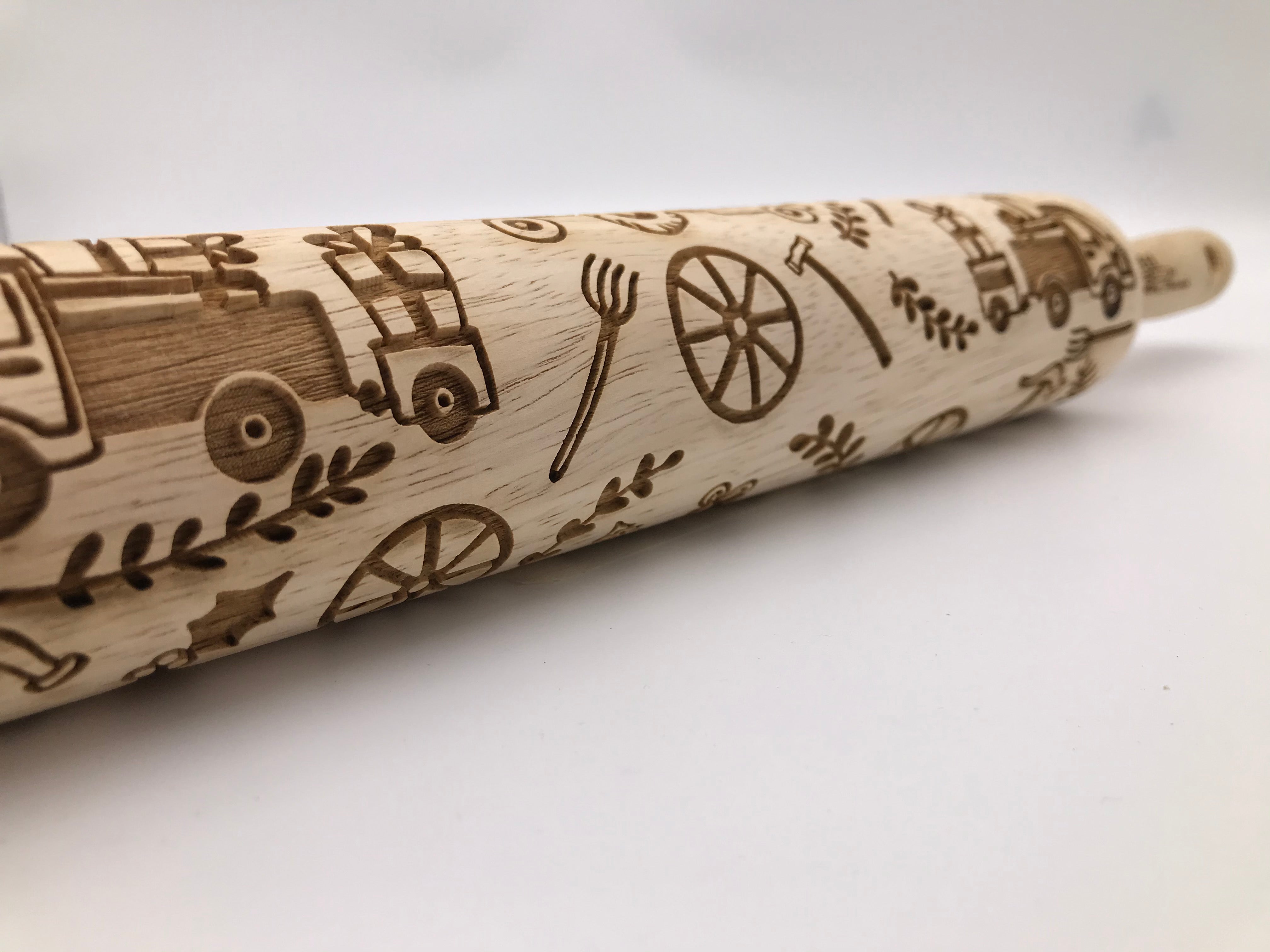 Trees and Tractors Embossed Rolling Pin For Baking and Pottery