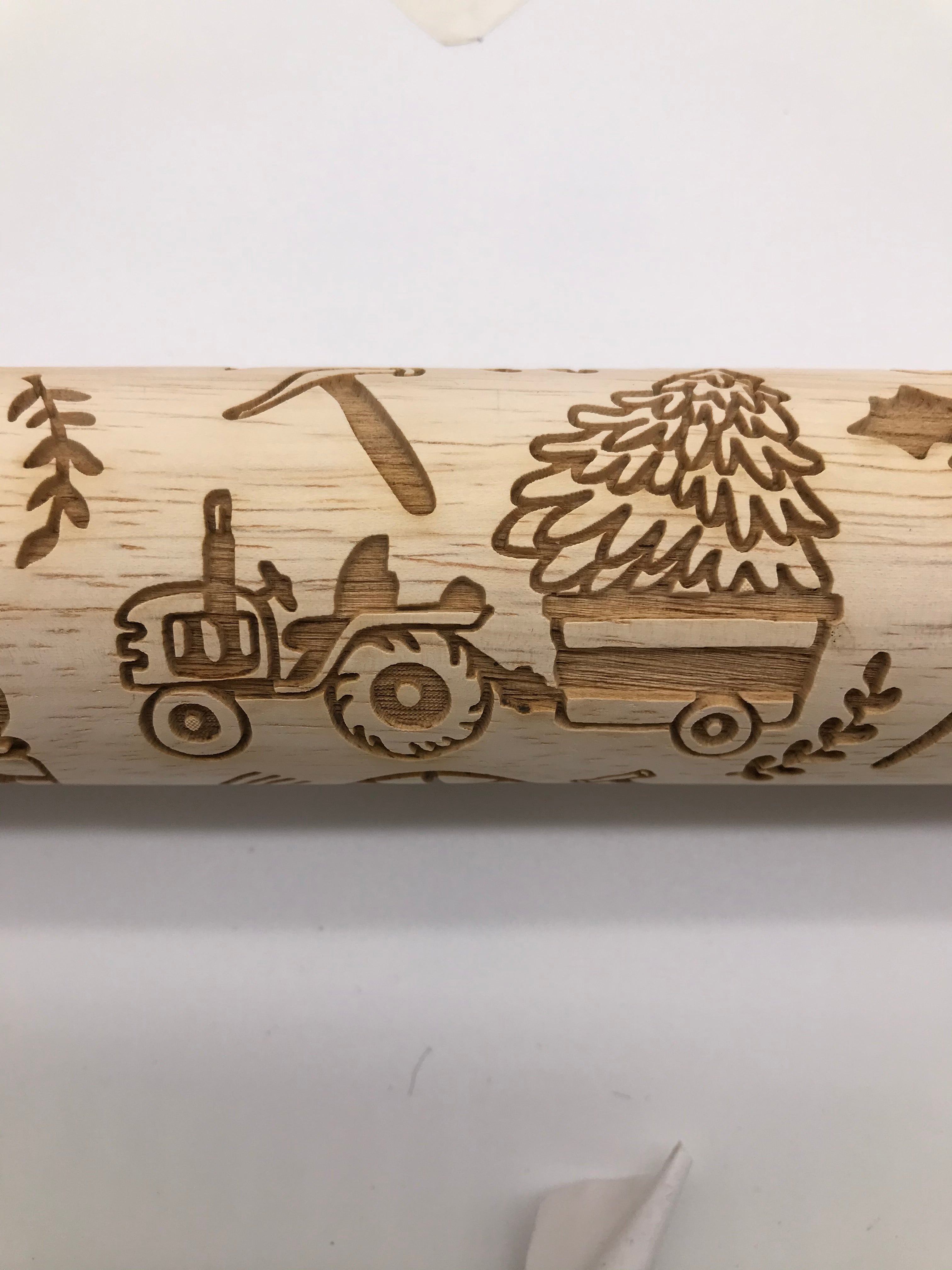 Trees and Tractors Embossed Rolling Pin For Baking and Pottery