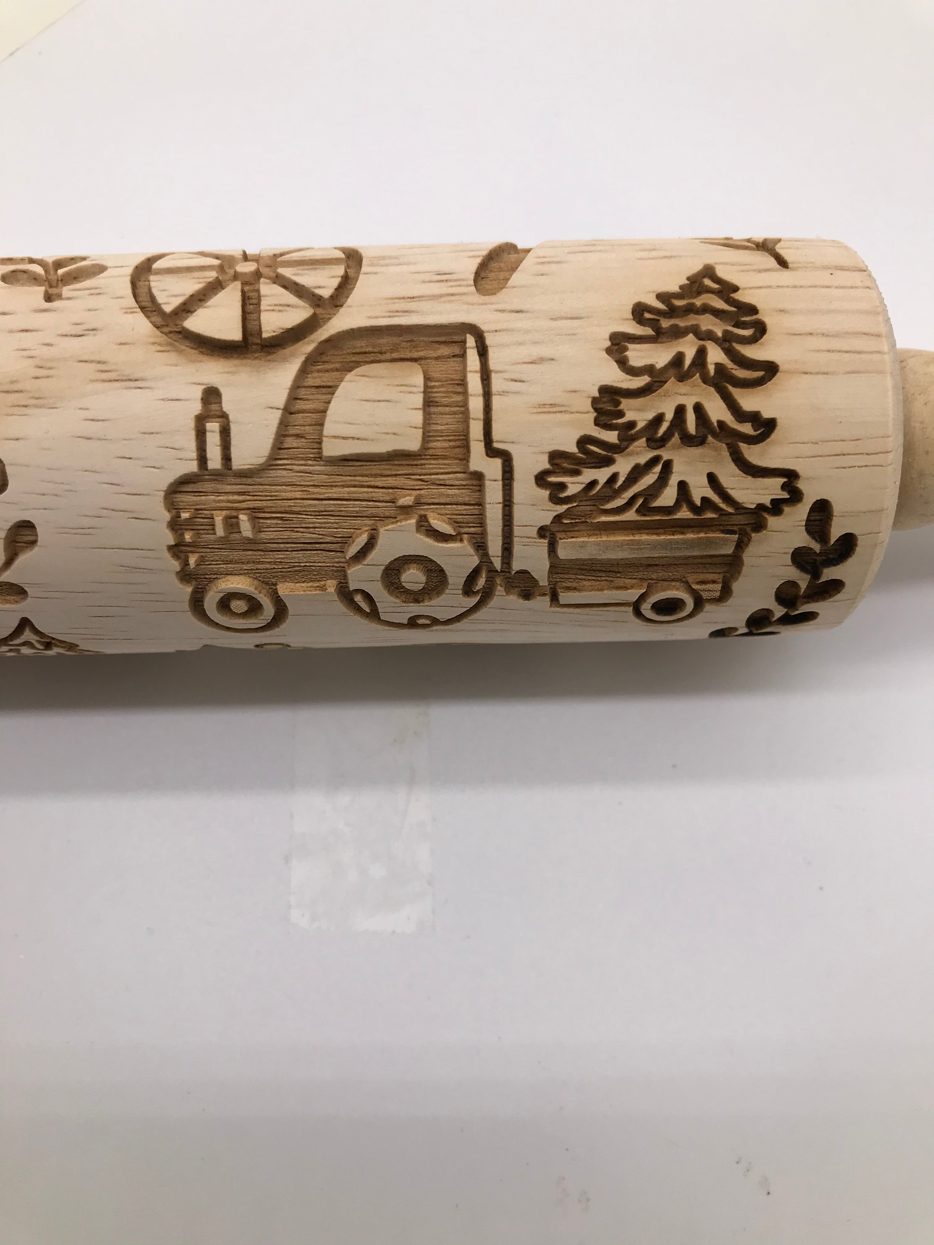 Trees and Tractors Embossed Rolling Pin For Baking and Pottery