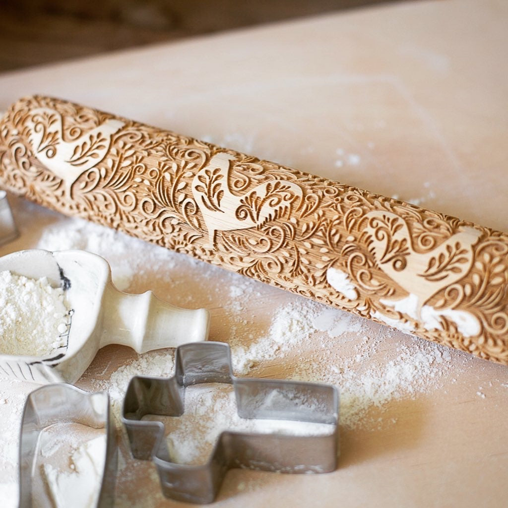 Embossed Floral Rooster Rolling Pin-Pottery