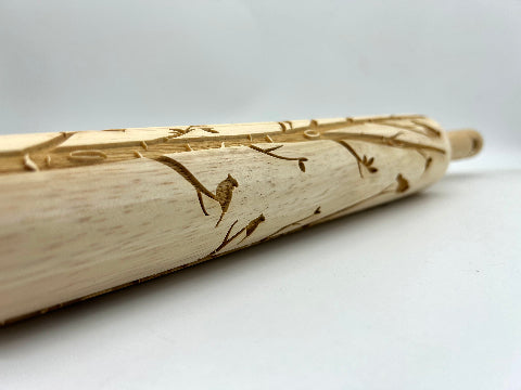 Embossed Cardinals on Birch Rolling Pin -horizontal dsg