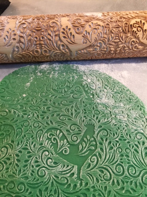 Embossed Floral Rooster Rolling Pin-Pottery