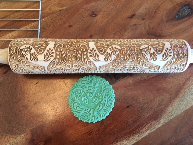 Embossed Floral Rooster Rolling Pin-Pottery