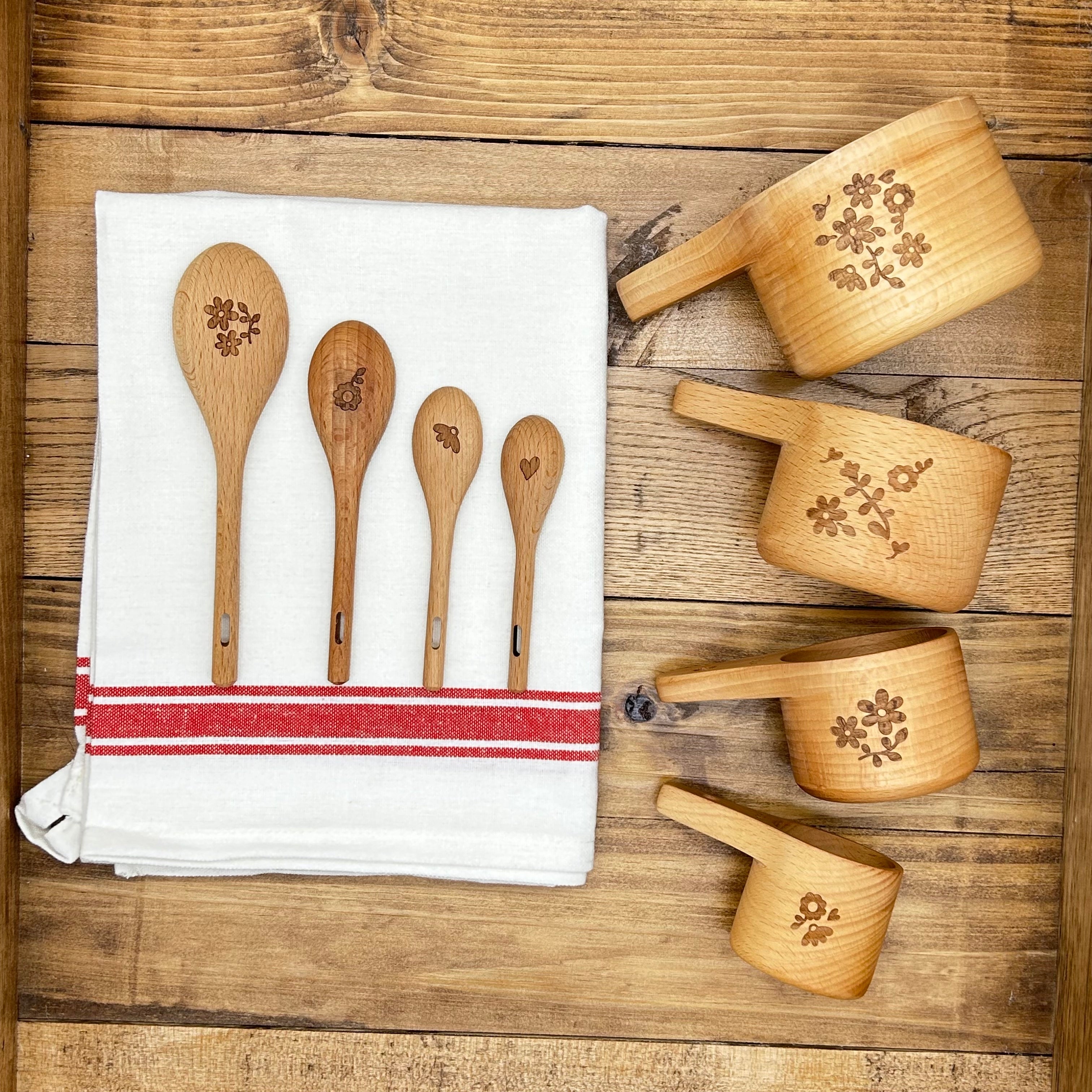 Floral Engraved Beechwood Measuring Cups & Spoons Gift Set (with Cotton Towel + Optional Rolling Pin)