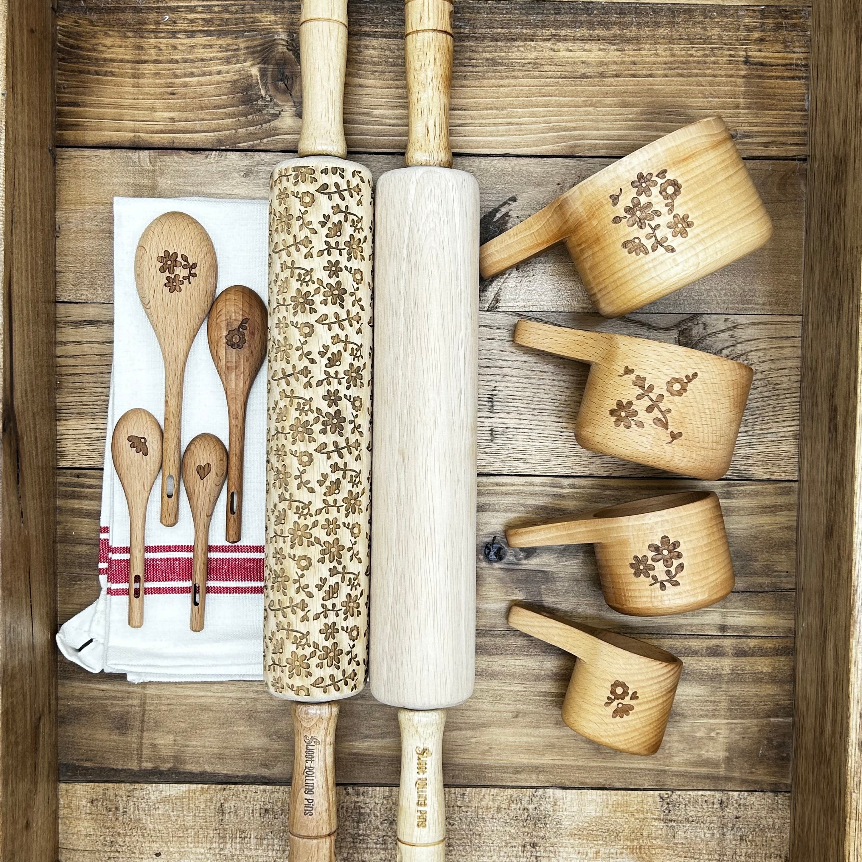 Floral Engraved Beechwood Measuring Cups & Spoons Gift Set (with Cotton Towel + Optional Rolling Pin)