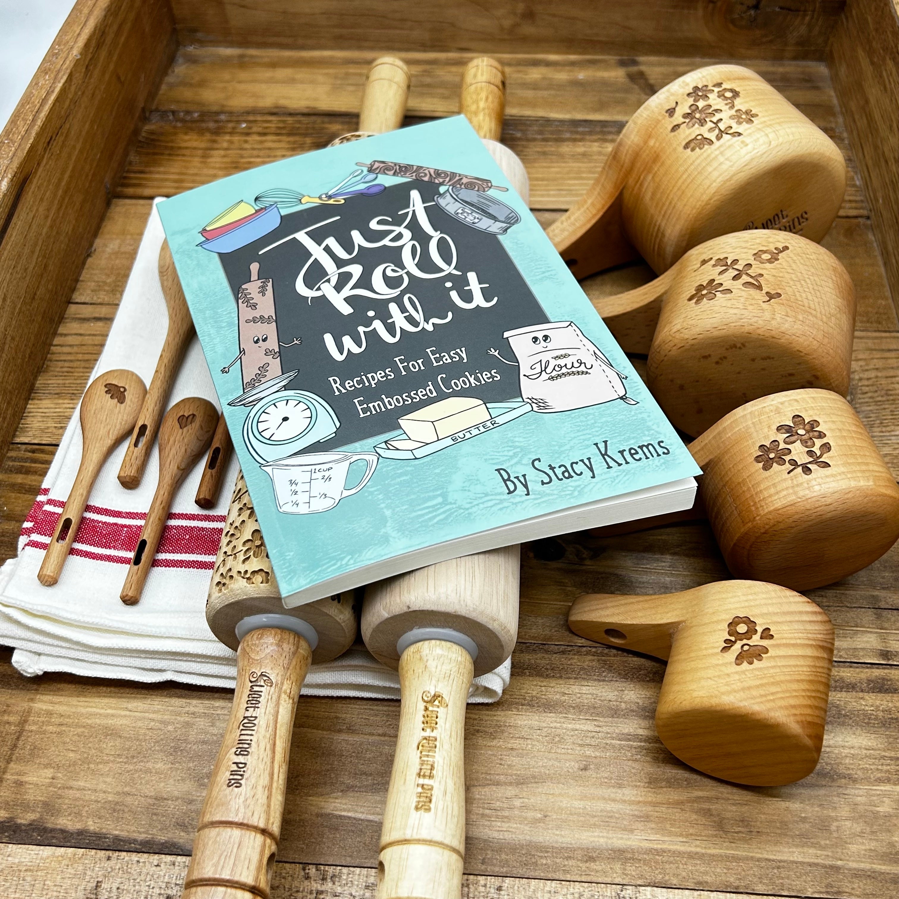 Floral Engraved Beechwood Measuring Cups & Spoons Gift Set (with Cotton Towel + Optional Rolling Pin)