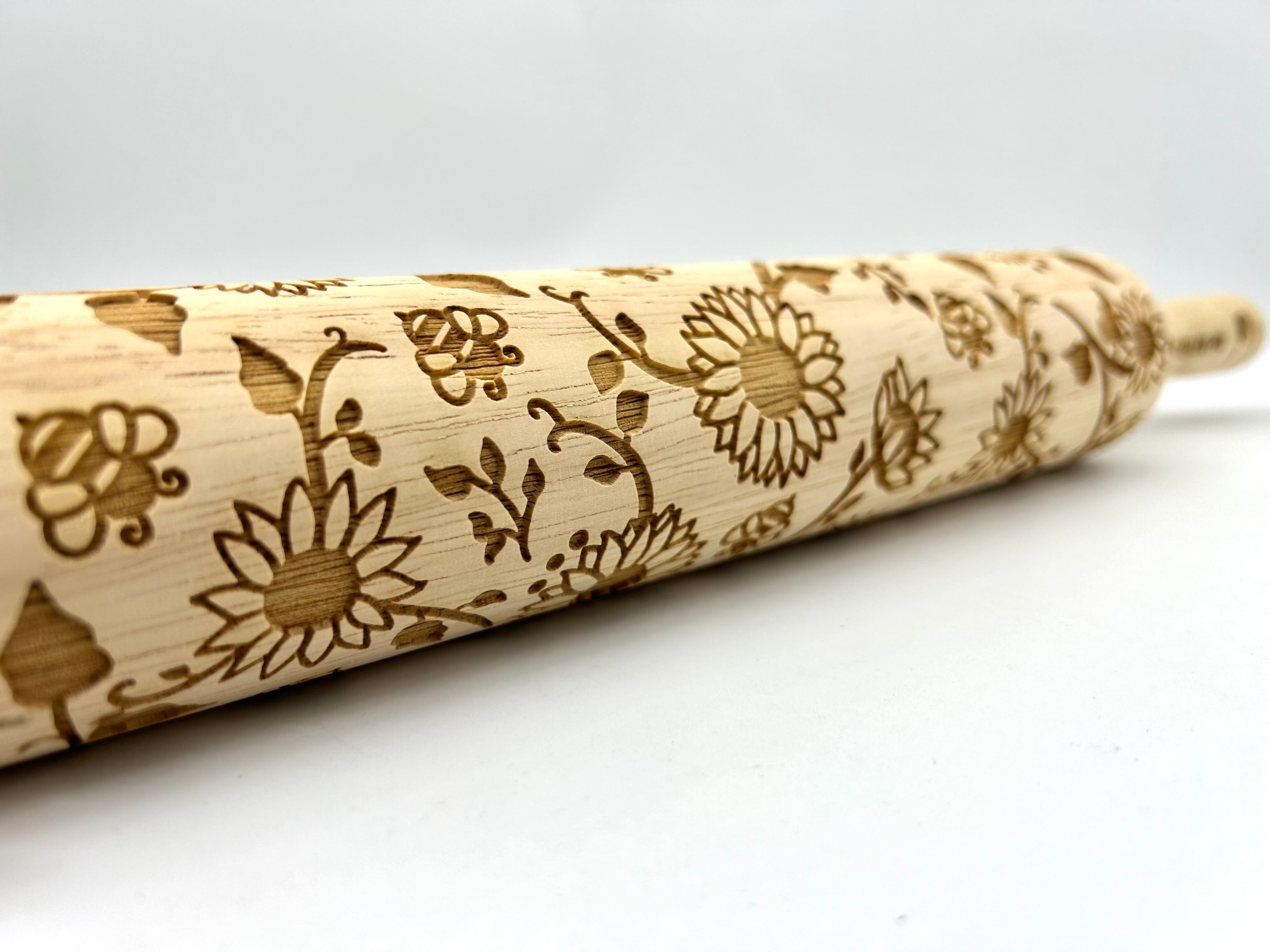 Sunflowers and Bee Embossed Rolling Pin for Baking, Crafting and Pottery