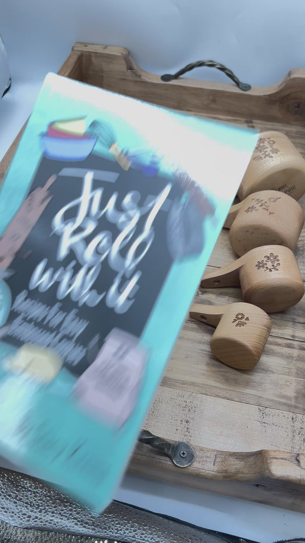 Floral Engraved Beechwood Measuring Cups & Spoons Gift Set (with Cotton Towel + Optional Rolling Pin)