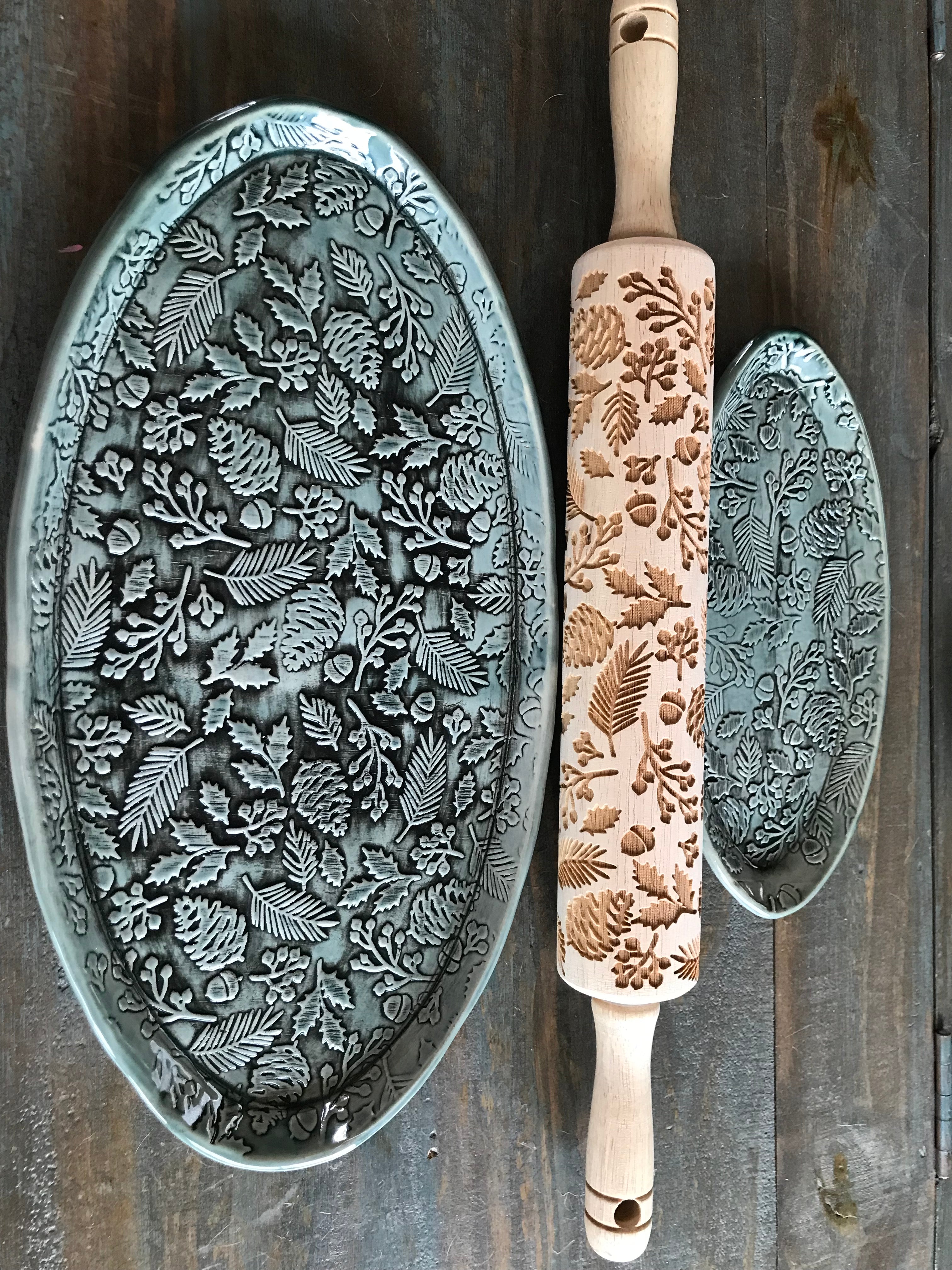 Twigs and Berries Embossed Rolling Pin for Pottery and Baking